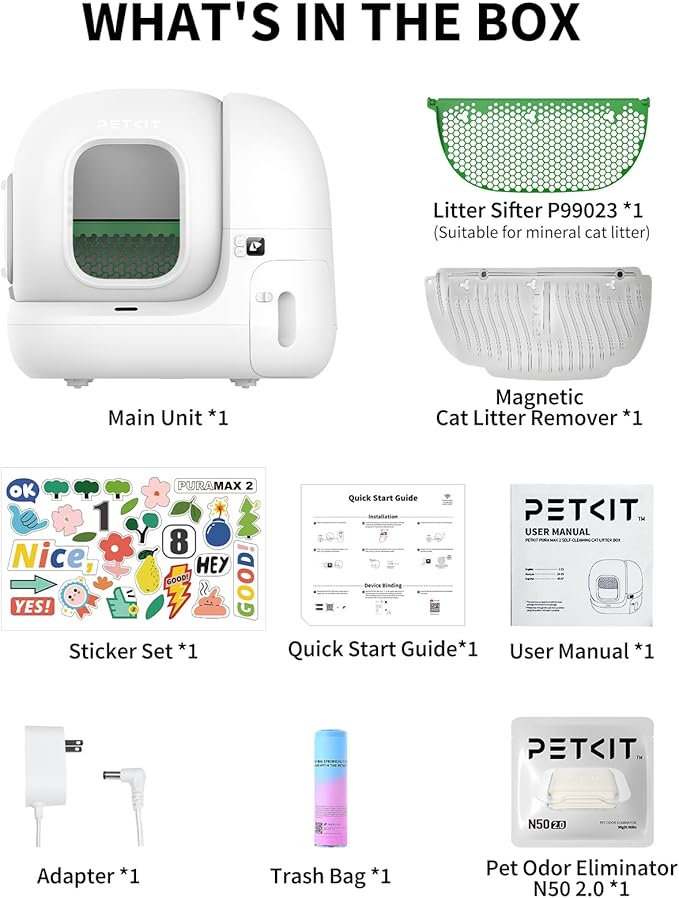 PETKIT PuraMax 2 Automatic Self-Cleaning Cat Litter Box, App Control Automatic Litter Box with Safety Sensors, Odor Free & Anti-Leakage Basic Bundle Includes Trash Bags,2.4G WiFi & Low Entrance