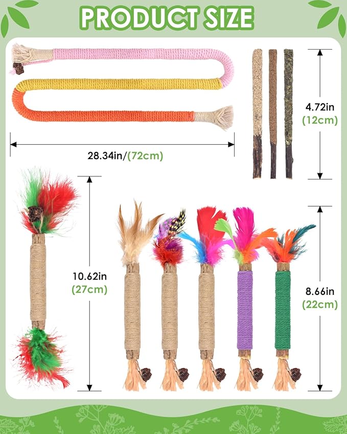 TINDTOP Cat Chew Toys, 12 Pack Silvervine Chew Sticks with 2 Pack Chew Ropes for Kittens Teeth Cleaning, Increase Appetite, Aggressive Chewers Cat Dental Toy