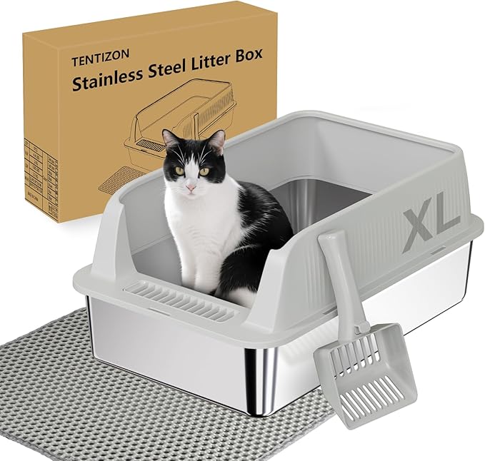 TENTIZON Stainless Steel Cat Litter Box with Lid, Open Top Large Metal Kitty Litter Pan with High Side, Litter Mat, Scoop for Indoor Cats, Kitten, Multi-Cats Home, Odor Control, Leak Proof, Easy Clean