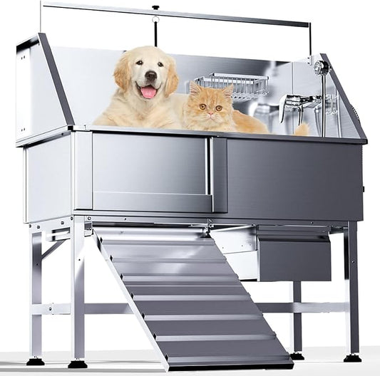 46" Dog Washing Station, Professional Stainless Steel Dog Bathtub for Large, Medium & Small Pet. Height Adjustable Grooming Tub W/Drawer, Ramp, Floor Grate & Fauct(Left Ramp)