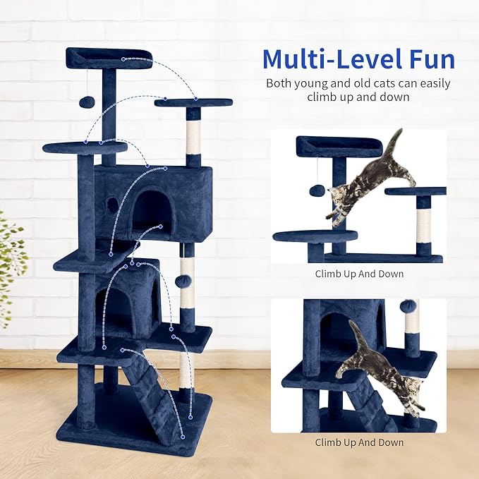 PayLessHere Cat Tree 54in Cat Tower with Cat Scratching Post, Multi-Level Cat Condo Stand House Furniture Kitty Activity Center with Furry Ball Toys for Indoor Cats (Navy Blue)