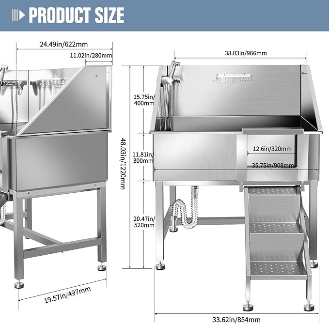 38" Pet Dog Bathing Station W/Ramp, Professional Stainless Steel Dog Grooming Tub W/Soap Box, Faucet, Rich Accessory, Dog Bathtub for Large, Medium, Small Pets, Washing Sink for Home,R-RAMP