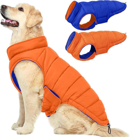 QBLEEV Reversible Dog Coat for Large Dogs, Waterproof Windproof Winter Jacket Keeps Big Breeds Warm & Dry, Adjustable Hook & Loop Puffer Vest, Orange, 3XL – Fits Labrador, Weimaraner, Great Dane