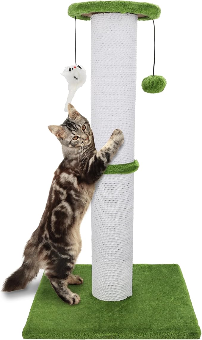 Cat Scratching Post 34 Inches Heavy Duty and Thicker Cat Scratching Post Sisal Rope with Hanging Ball and Mice Scratching Post for Indoor Cats and Adult(Bright Green)