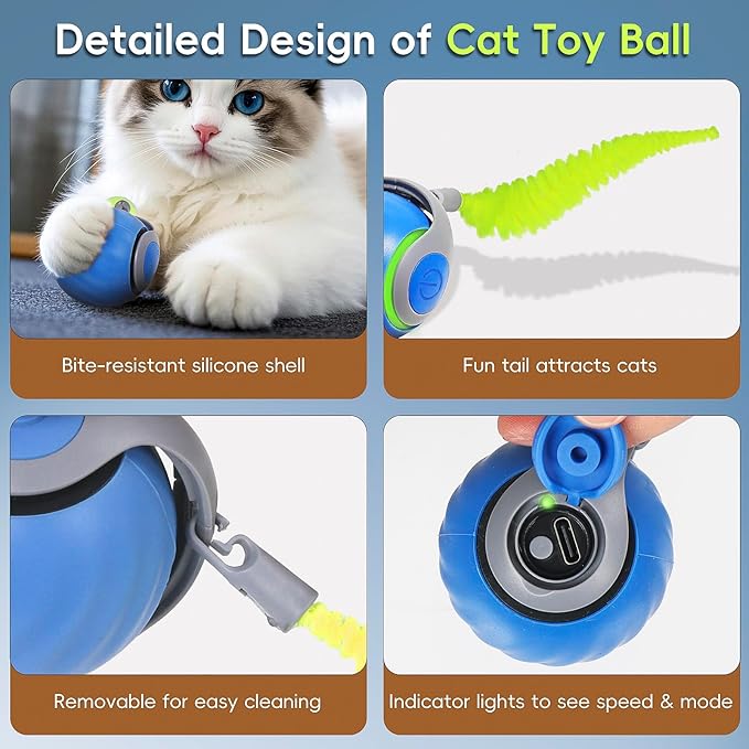 Interactive Cat Toy 2.0, Automatic Moving Cat Toys for Indoor Cats, Electric Rolling Pet Ball with Tail, Two Speed Adjustment, Pet Game Toy (Blue)