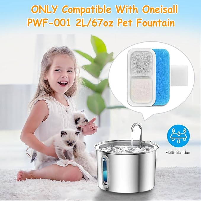 12 Set Cat Fountain Replacement Filters Compatible with oneisall PWF-001 2L/67oz Stainless Steel Pet Water Fountain Filters with Replacement Pre-Filter Pump Sponges