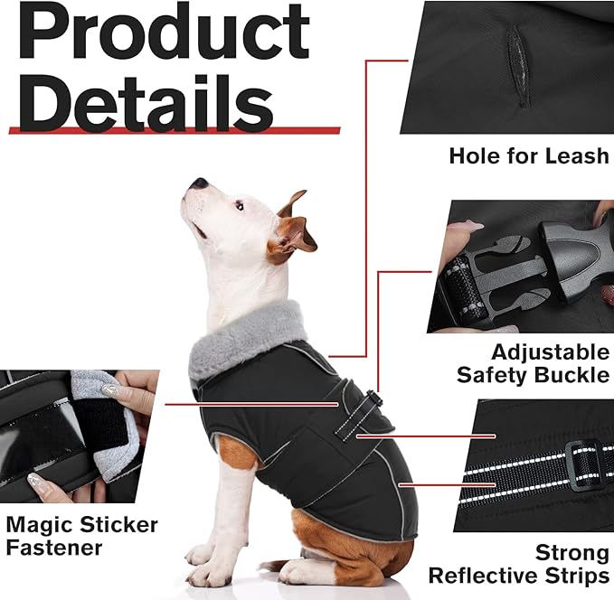 Lelepet Warm Dog Coats for Small Dogs Waterproof Dog Jacket Reflective Pet Fleece Vest Windproof Cold Weather Coats with Adjustable Buckle & Leash Hole, Black, S