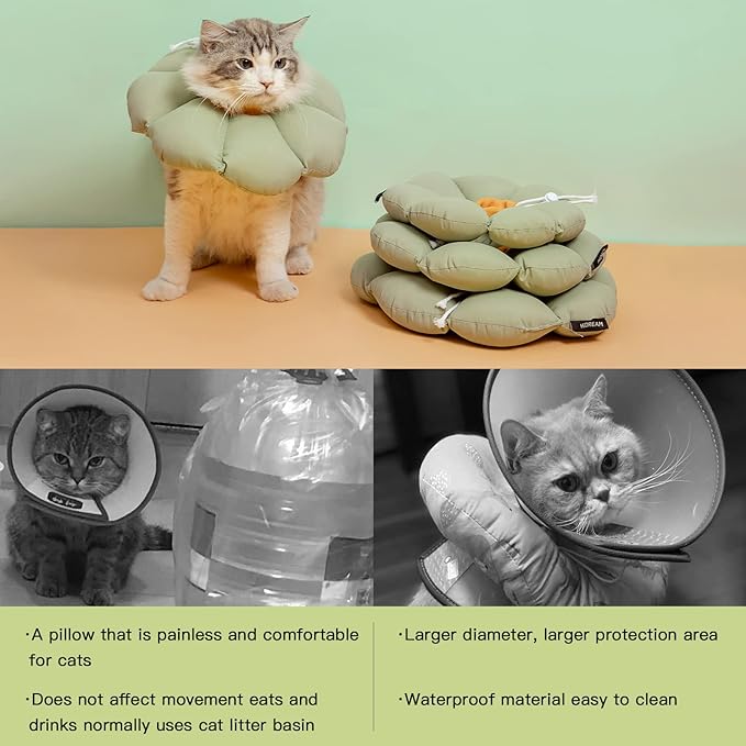 Cat Cone Collar,Cute Waterproof Cat Recovery Collar,Anti-Bite Lick Wound Healing Safety Elizabethan e Collar for Cats,Green Flower All-Season Style