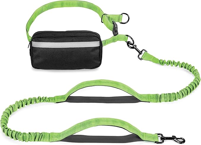 Squirrel Products Hands Free Dog Leash with Hip Belt/Crossbody Strap, Zipper Pouch, and Shock Absorbing Bungee for Walking or Jogging with pet (Green, Black)