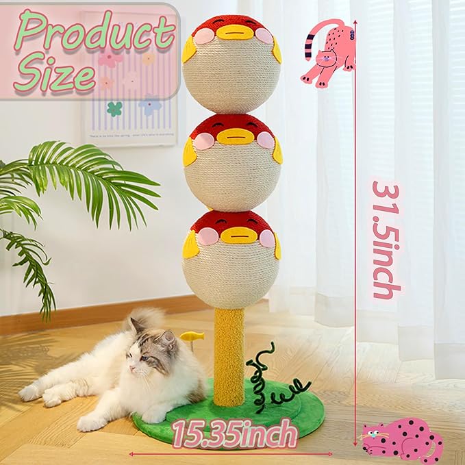 Cute Cat Scratching Post - 31.5" Tall Indoor Cat Tree Tower with Sisal Rope and Interactive Cat Toys, Featuring a Sturdy Base for Kittens and Adult Cats to Stretch Vertically
