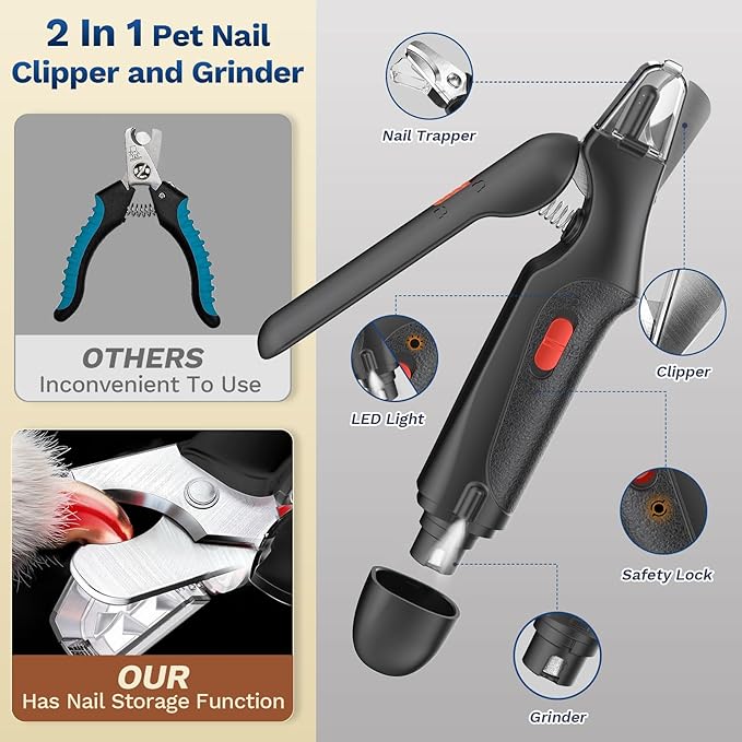 2 in 1 Dog Nail Clippers & Cat Nail Clippers Trimmers for Large Medium Small Dogs Cats Claw Trimmer Quick Sensor and Safety Guard USB Rechargeable Dogs Nail Trimmer with Catcher & 2 LED Lights
