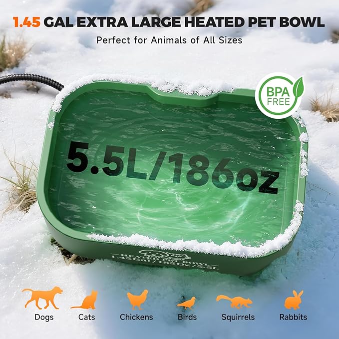 1.45 Gallon Extra-Large Heated Water Bowl for Dog&Cat,Outdoor Heated Dog Bowl with Anti-Chew Cord,Waterproof Heated Pet Bowl Provides Drinkable Water in Winter for Chickens,Squirrels,Rabbits,Green