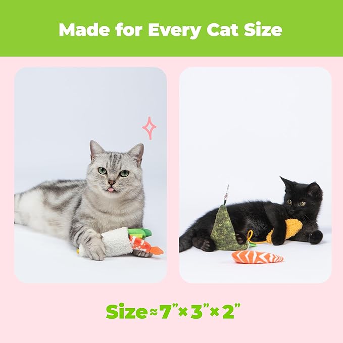 Catify by Best Pet Supplies Interactive Cat Toys – Plush, Motion-Activated & Squeaking Toys with Premium North American Catnip for Indoor Cats & Kittens - Sushi Rolls Set