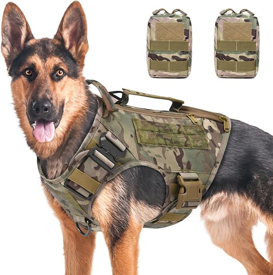 Tactical Dog Backpack Harness for Large Breed Original Design Metal Buckle Vest with Side Bags Pouches for Service Working Training (Camouflage(with 2 Pouches), XL)