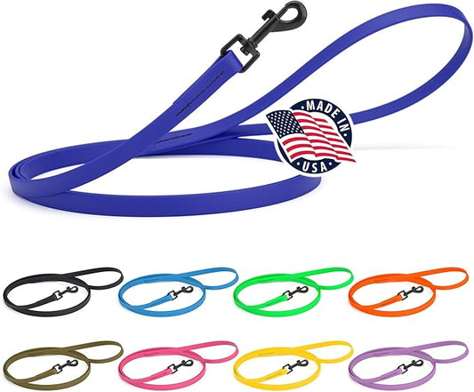 Dogline Biothane Waterproof Dog Leash Strong Coated Nylon Webbing with Black Hardware Odor-Proof Easy to Clean High Performance for Small or Large Dogs Made in USA 4 or 6 ft Lead, Blueberry Royal
