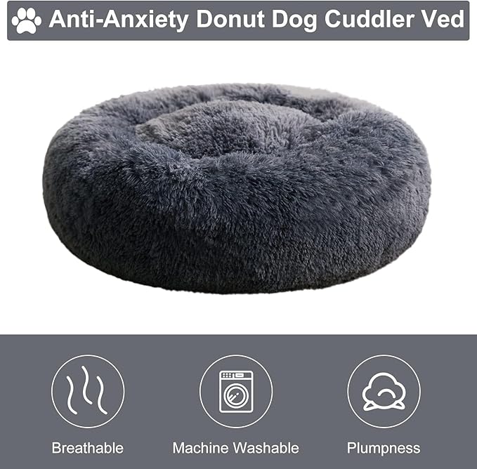 WNPETHOME Donut Dog Beds Large Sized Dog,Anti-Anxiety Caming Large Pet Bed,Fluffy Faux Fur Plush Puppy Bed，Warming Cozy Soft Round Bed for Pet, Cat Cuddler Cushion