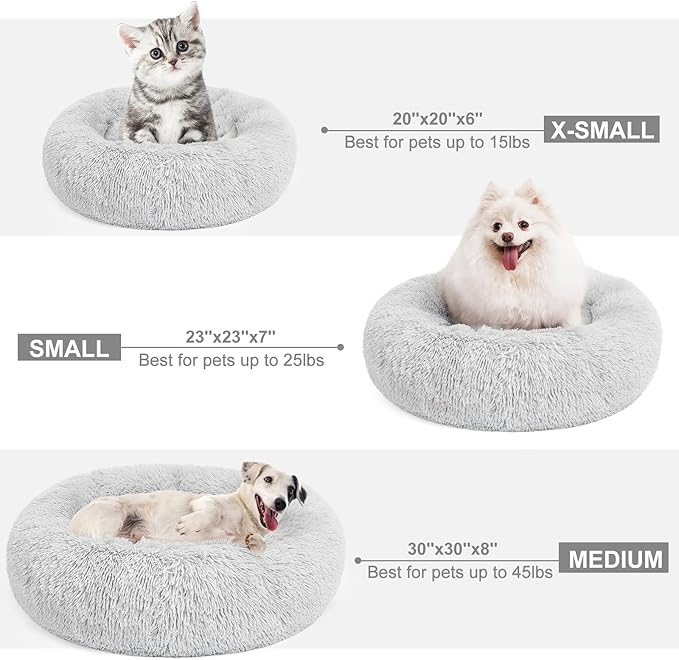 MIXJOY Calming Cat Beds for Indoor Cats, 20'' Kitten Donut Bed for Pet Up to 15lbs, Fluffy Small Cat Cuddler Bed, Anti-Anxiety Plush Faux Fur Large Cat Bed Washable (20'', Grey)