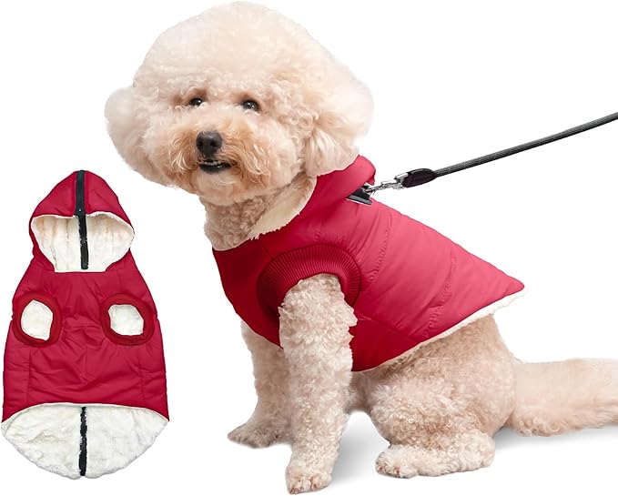 Fleece Lining Dog Hoodie with Harness Built in,Extra Warm Small Dog Jacket in Winter Puppy Coats with Hooded,Red S