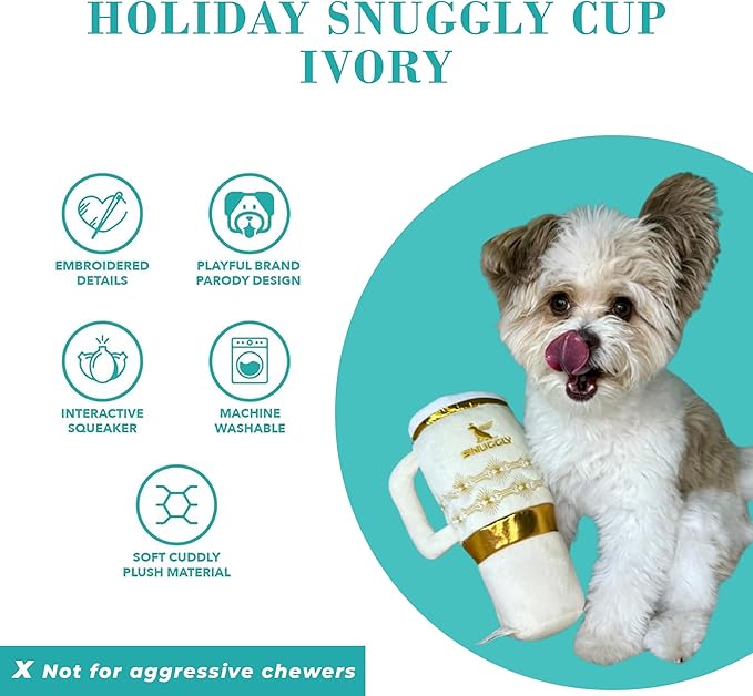 Haute Diggity Dog Holiday Snuggly Cup Plush Dog Toy for Small, Medium & Large Dogs, Interactive Funny Christmas Squeaky Toys, Soft, Durable, Machine-Washable, Safe & Cute Birthday Gift for Dogs, Ivory