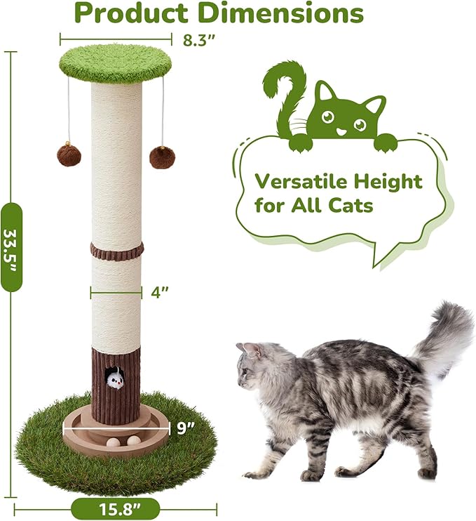 34inches Tall Cat Scratching Post with Cat Ball Track Toy Heavy Duty and Thicker Large Diameter Natural Sisal Cat Scratcher Post for Indoor Cats Protect Your Furniture