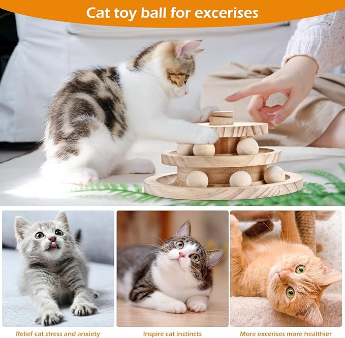 2-in-1 Wooden cat Toy, Interactive Multi-Layer Ball Track and Rotating cat Teaser Stick - Durable Natural Wood Made Puzzle Sports Toy for Kittens