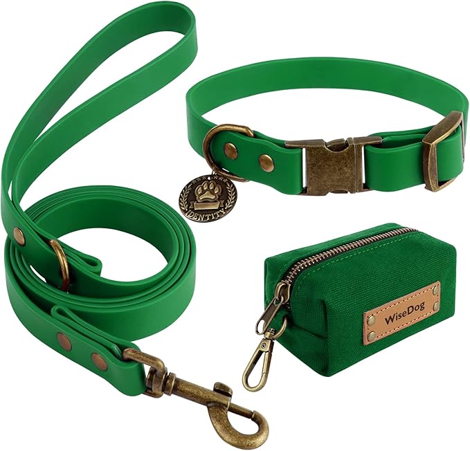Wisedog Dog Collar and Leash Set, Waterproof Adjustable Puppy Collars with Cute Tag 4FT Dog Leash with Poop Bag for Small Medium Large Dogs (XS, Deep Green)
