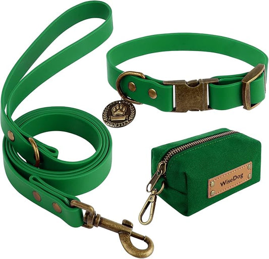 Wisedog Dog Collar and Leash Set, Waterproof Adjustable Puppy Collars with Cute Tag 4FT Dog Leash with Poop Bag for Small Medium Large Dogs (XS, Deep Green)