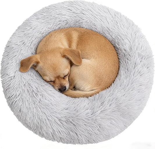 Calming Donut Dog Beds for Small Dogs Cats - Washable Removable Cover Non-Slip Bottom, Round Pet Bed Puppy Bed Warming Fluffy Faux Fur Anti-Anxiety, Fits up to 25 lbs (Light Grey, 23")