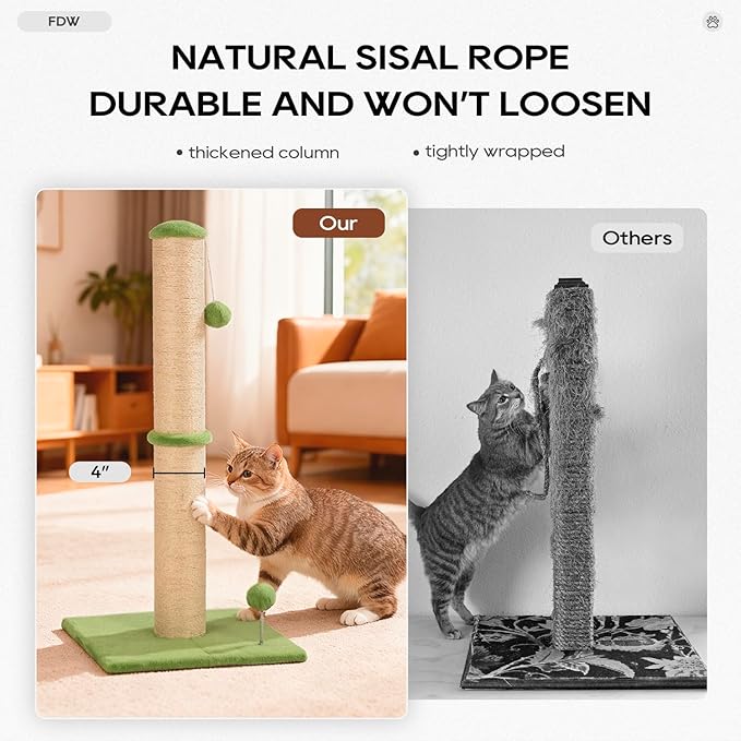 FDW 33 Inch Cat Scratching Post Cat Scratcher Natural Sisal Rope Scratch Post Trees with Hanging Ball for Indoor Cats and Adults,Green