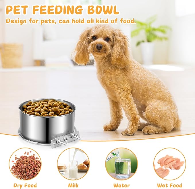 Water Bowl for Dog Crate, ShineMe Stainless Steel Pet Food Bowls for Kennel Cage No Spill, Attachable Dog Crate Bowls Hanging 2 Pack for Medium and Small Sized Dogs (5.5 x 2.9” & 4.9 x 3.3”)