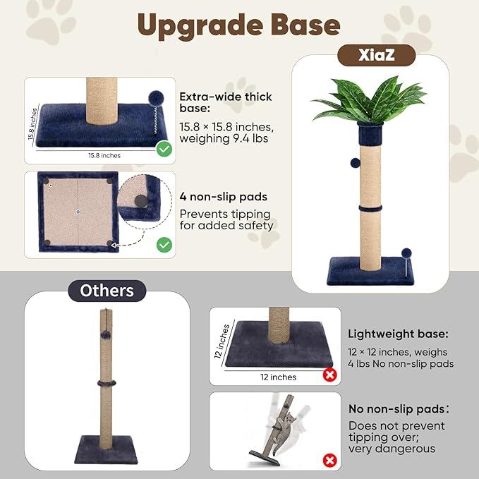 XiaZ Cat Scratching Post 34 Inches Tall, Cat Tower Scratcher Extra Wide 15.8" Stable Base with 2 Interactive Balls, Premium Natural Sisal & Plush Fabric for Small, Medium Large Cats (Navy Blue, 4.5in)