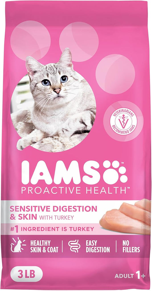 Iams IAMS PROACTIVE HEALTH Adult Sensitive Digestion & Skin Dry Cat Food with Real Turkey Cat Kibble, 3 lb. Bag