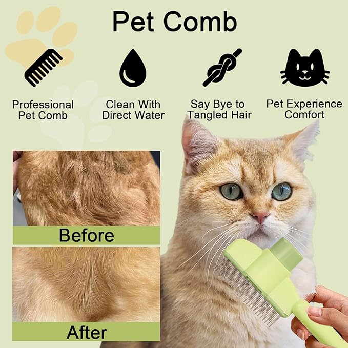 Dogs and Cats Comb with Release Button, Pet Hair Removal Tools with Safe Stainless Steel Teeth for Deshedding, Cat Grooming Supplies for Long/Short Hair, Cat Brush for Shedding, Green