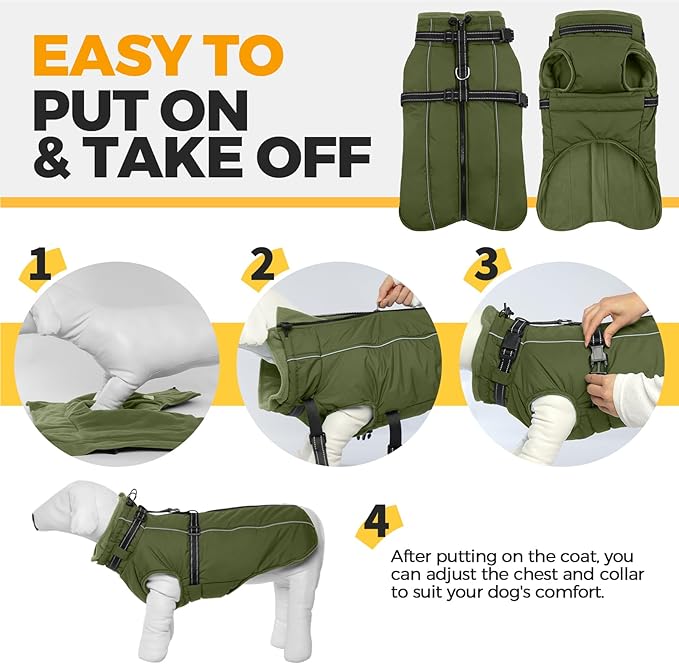 Lelepet Waterproof Dog Jacket with Harness Built in Warm Dog Winter Coat, Reflective Fleece Jacket, Dogs Coats for Medium Dogs, Thermal Turtleneck Pet Snowsuit for Outdoor, Schnauzer, Army Green, M