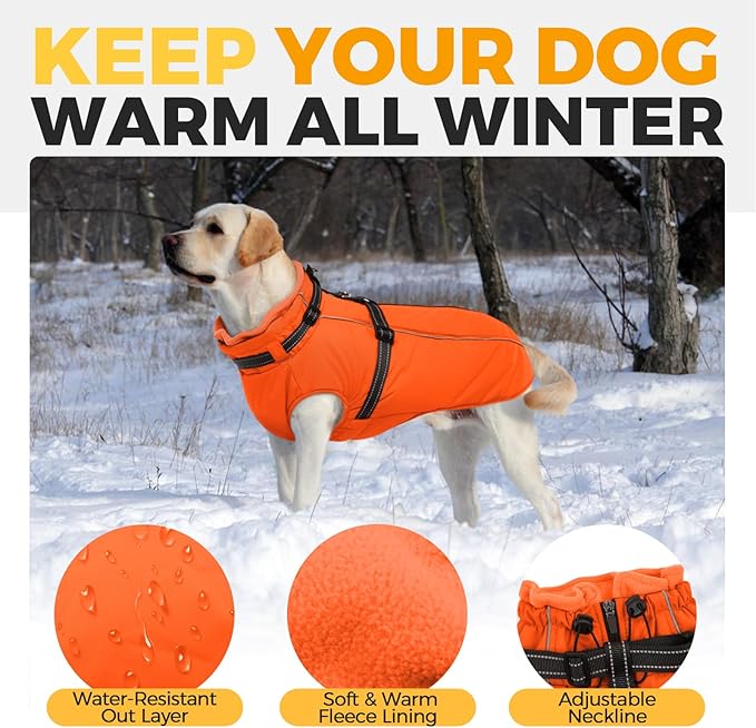 Lelepet Dog Winter Coat Waterproof Dog Jacket with Harness Built in Windproof Reflective Pet Coats for Small Medium Large Dogs, Thermal Fleece Lined Coats for Cold Weather Walking Hiking, Orange, XL