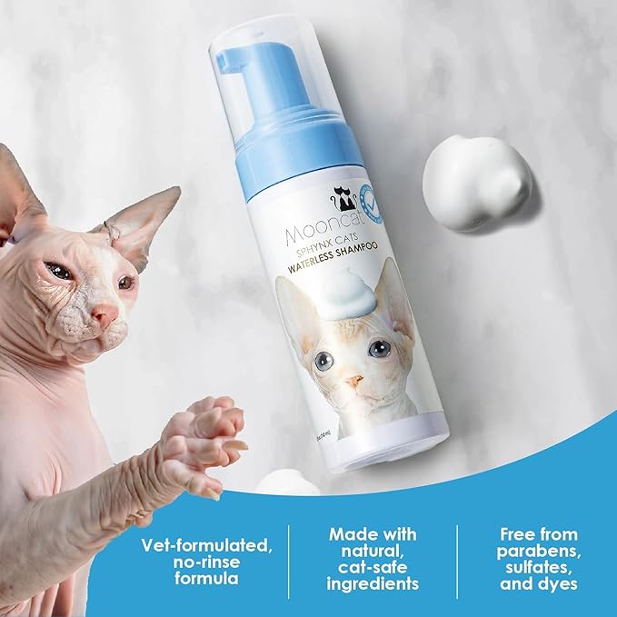 Mooncat Sphynx Cat Waterless Shampoo, Vet Approved No-Rinse Foam for Oily, Sensitive Skin & Wrinkles - Gentle, Hypoallergenic Formula for Hairless Cats, Deep Cleans & Moisturizes