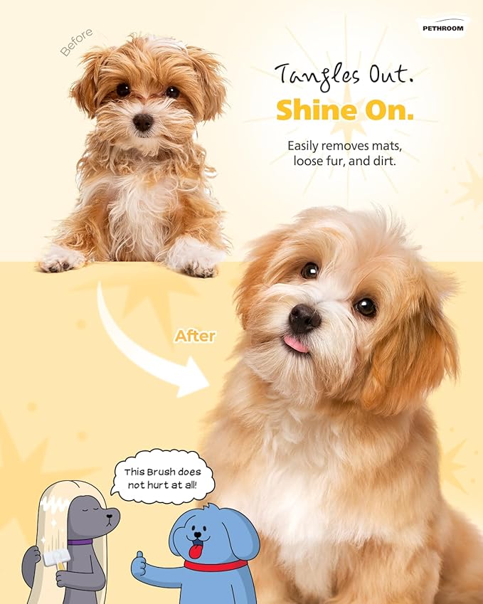 PETHROOM] Pet Healing Slicker Brush with One-Touch Clean Button | Gentle Grooming Brush for Dogs & Cats | Removes Shedding, Mats & Tangles with Coated Tips, White & Yellow