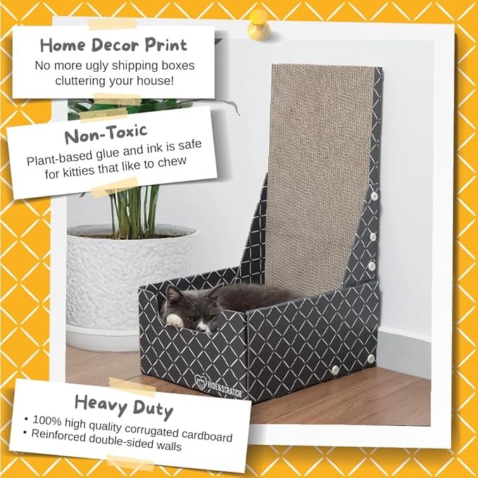 Hide & Scratch Cardboard Cat Scratcher Box & Bed - Dark Grey Diamond (Vertical L-Shaped) | Double-Sided Corrugated Pad for Indoor Cats | Refillable Scratching Board Toy for Play & Furniture Protection