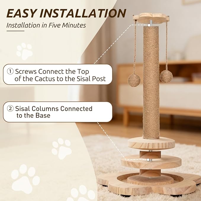 Scratching Post - 4 in 1 Cat Scratch Post, Interactive Cute Small Wooden Cat Scratcher with 2 Level Catnip Toys Balls & 2 Sisal Hanging Balls for Indoor Kitten Kitty
