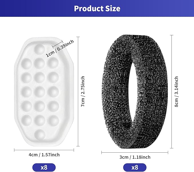 16 Pack Cat Water Fountain Replacement Filters & Pre-Filter Sponges, Includes 8 Filters & 8 Sponges for 108oz/3.2L Stainless Steel Pet Fountains – Compatible with Rellaty & Neareal