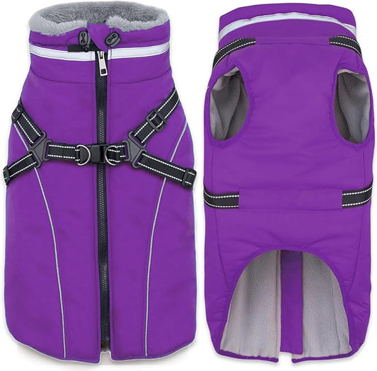 Fragralley Dog Coat with Harness Built in, Waterproof Windproof Reflective Warm Puffer Jacket, Fleece Lined Vest Winter Parka for Small, Medium, Large Dogs