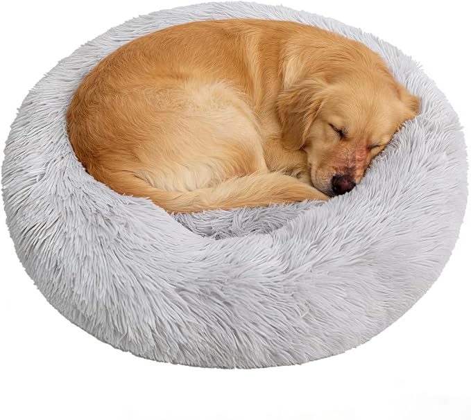 Calming Donut Dog Beds Large Sized Dog - Washable Removable Cover Non-Slip, Round Pet Bed Warming Fluffy Plush Faux Fur Anti-Anxiety Thick Cushion, Fits up to 80 lbs (Light Grey, 36")
