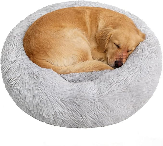 Calming Donut Dog Beds Large Sized Dog - Washable Removable Cover Non-Slip, Round Pet Bed Warming Fluffy Plush Faux Fur Anti-Anxiety Thick Cushion, Fits up to 80 lbs (Light Grey, 36")
