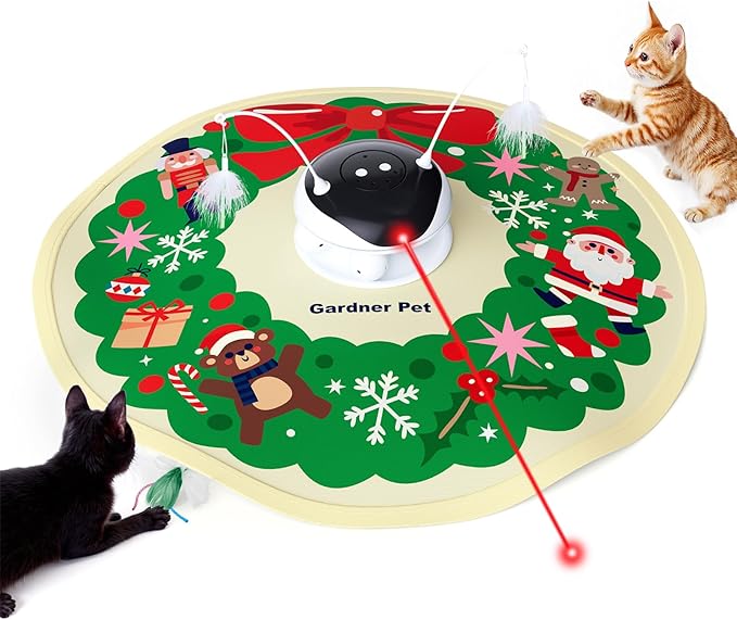 Gardner Pet Christmas Cat Laser Toys, Chargeable 5 in1 Hide and Seek Automatic Interactive Cat Toy, Moving Ambush Feather, Track Balls,Indoor Exercise Kicker 24 inch Cover for All Breeds, 600mAh