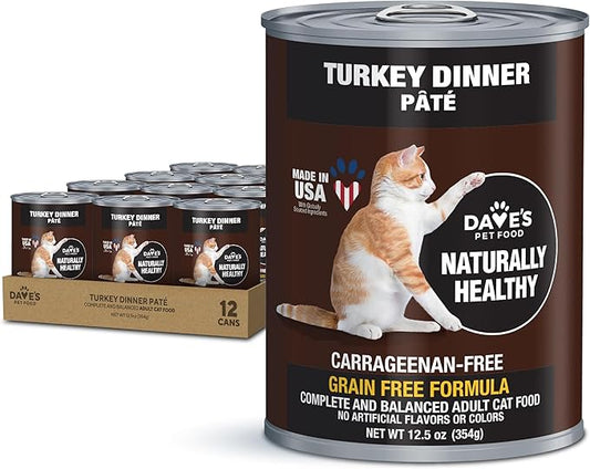Dave's Pet Food Grain Free Wet Canned Cat Food (Turkey), Made in USA Naturally Healthy, Added Vitamins & Minerals, Gluten-Free, 12.5 oz Cans (12 Pack)