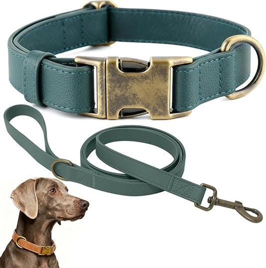 Dog Collar and Leash Set, Silicone Leather Dog Collars Soft Flexible Waterproof & Odor Proof Dog Collar Durable Thick Adjustable Pet Collar for Medium Dogs (Green, Medium (11.5-18.5" Neck))