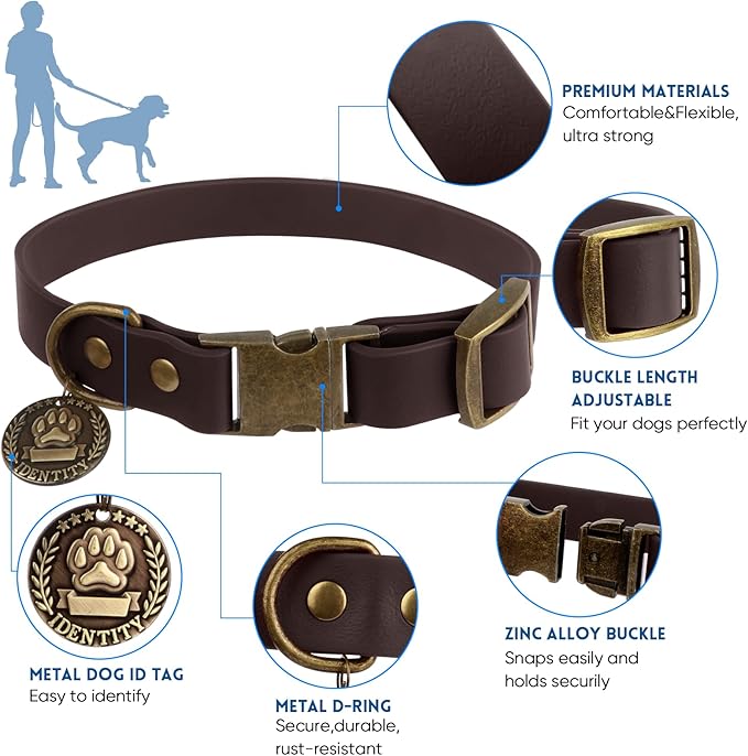 Wisedog Dog Collar and Leash Set, Waterproof Adjustable Puppy Collars with Cute Tag 4FT Dog Leash with Poop Bag for Small Medium Large Dogs (S, Brown)