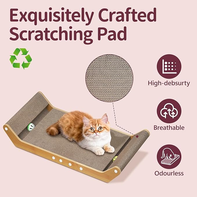 Modern Cat Scratcher Pad Cardboard for Indoor, 23.8" Scratching Lounger Board with Ball Track for Kittens & Large Cats, 3 in 1 Floor Horizontal Bed for Furniture Protection