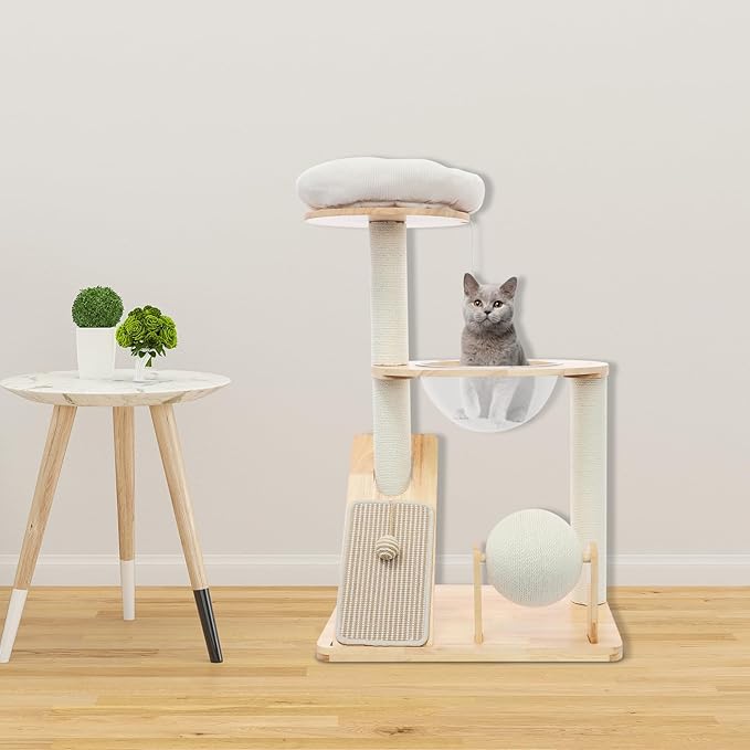 Wood Cat Tree Tower with Scratching Posts, Modern Natural Wood Cute Multifunctional Cat Tree Tower, Cat Scratcher & Resting Platform, Multifunctional Cat Tree for Indoor Cats (02 Style)