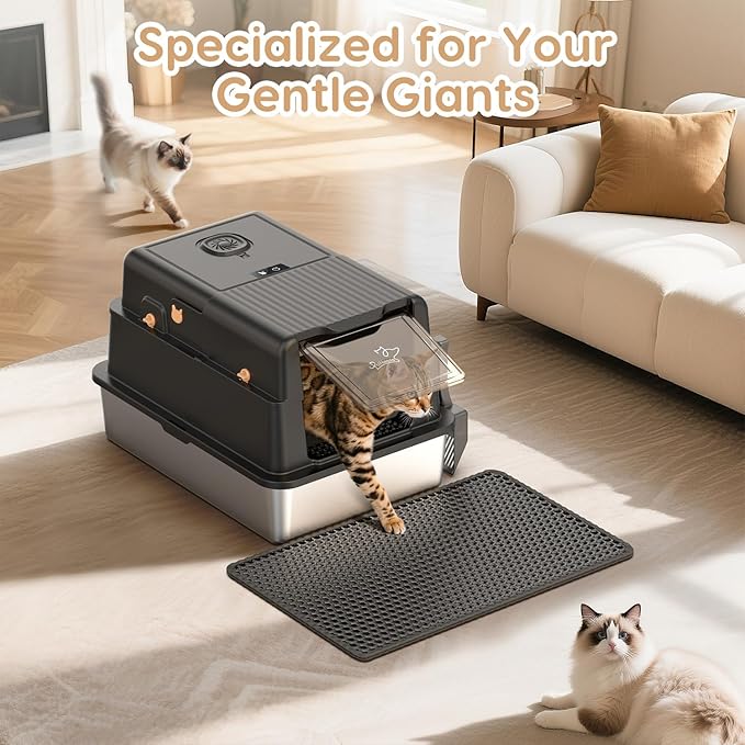 L8 Ultra-XXXL Stainless Steel Litter Box with Smart Odor Control System, 28"L x 20.5"W x 17.4"H Large Cat Litter Box with Lid for Big Cats, High Sided Enclosure with Scoop & Mat, Anti-Leakage-Black